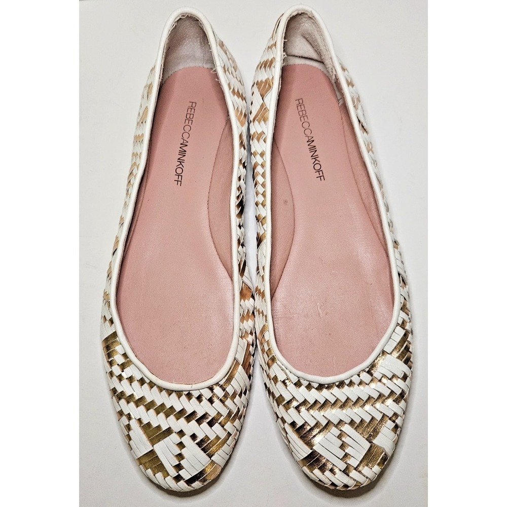Rebecca Minkoff Uma Woven Leather Ballet Flats Womens 10M White & Metallic Gold - Picture 2 of 11